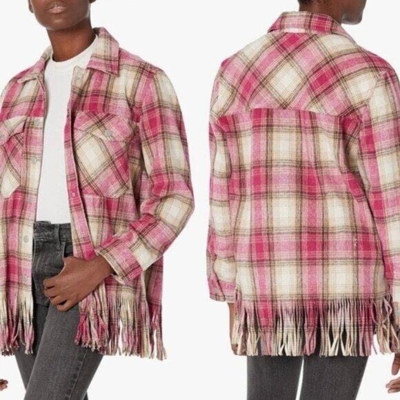 NWT BlankNYC Woodstock Wool Plaid Fringe Shacket XS Pink Oversized Flannel - Picture 1 of 6